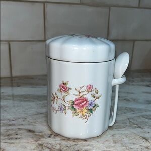 Floral Ceramic Container with Lid and Spoon